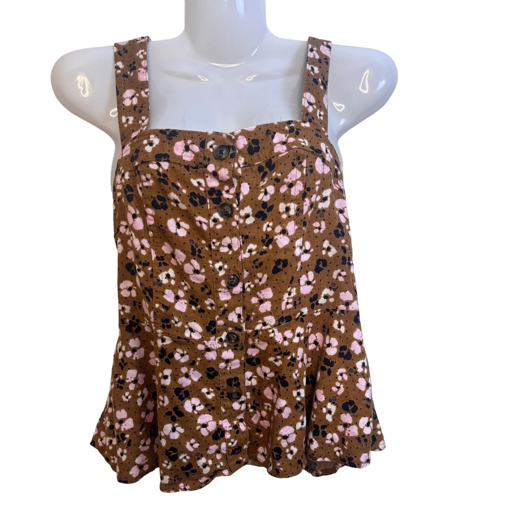 Floral Button Front Tank Top Brown PINK‎ Sleeveless Casual Top XS WHO WHAT WEAR